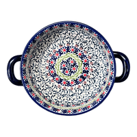 A picture of a Polish Pottery Small Round Casserole (Daisy Rings) | Z153U-GP13 as shown at PolishPotteryOutlet.com/products/small-round-casserole-w-handles-daisy-rings-z153u-gp13