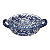 A picture of a Polish Pottery Small Round Casserole (Blue Canopy) | Z153U-IS04 as shown at PolishPotteryOutlet.com/products/small-round-casserole-w-handles-blue-canopy-z153u-is04