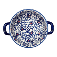 A picture of a Polish Pottery Small Round Casserole (Blue Canopy) | Z153U-IS04 as shown at PolishPotteryOutlet.com/products/small-round-casserole-w-handles-blue-canopy-z153u-is04
