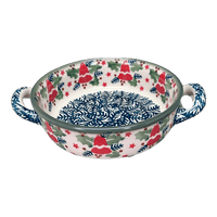 A picture of a Polish Pottery Small Round Casserole W/Handles (Evergreen Bells) | Z153U-PZDG as shown at PolishPotteryOutlet.com/products/small-round-casserole-w-handles-evergreen-bells-z153u-pzdg