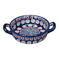 A picture of a Polish Pottery Small Round Casserole (Carnival) | Z153U-RWS as shown at PolishPotteryOutlet.com/products/small-round-casserole-w-handles-carnival-z153u-rws