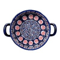 A picture of a Polish Pottery Small Round Casserole (Carnival) | Z153U-RWS as shown at PolishPotteryOutlet.com/products/small-round-casserole-w-handles-carnival-z153u-rws