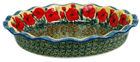 A picture of a Polish Pottery 12.5" Wavy Edge Baker (Poppies in Bloom) | Z160S-JZ34 as shown at PolishPotteryOutlet.com/products/wavy-edge-baker-poppies-in-bloom