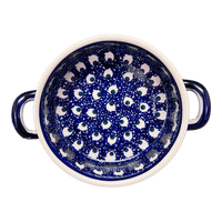 A picture of a Polish Pottery Small Round Casserole W/Handles (Night Eyes) | Z153T-57 as shown at PolishPotteryOutlet.com/products/small-round-casserole-w-handles-night-eyes-z153t-57