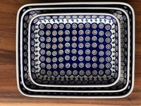 A picture of a Polish Pottery 9"x11" Rectangular Baker (Navy Retro) | P104U-601A as shown at PolishPotteryOutlet.com/products/9x11-rectangular-baker-navy-retro-p104u-601a