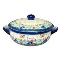 A picture of a Polish Pottery Small Lidded Baker With Handles (Butterfly Spring) | GZ04P-UD1 as shown at PolishPotteryOutlet.com/products/small-lidded-baker-with-handles-butterfly-spring-gz04p-ud1