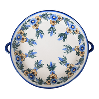 A picture of a Polish Pottery 11" Round Casserole Dish With Handles (Flowers & Tassels) | WR52C-WR5 as shown at PolishPotteryOutlet.com/products/11-round-casserole-dish-with-handles-flowers-tassels-wr52c-wr5