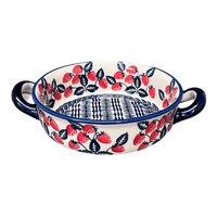A picture of a Polish Pottery Small Round Casserole (Fresh Strawberries) | Z153U-AS70 as shown at PolishPotteryOutlet.com/products/small-round-casserole-w-handles-fresh-strawberries-z153u-as70