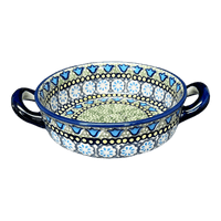 A picture of a Polish Pottery Small Round Casserole (Blue Bells) | Z153S-KLDN as shown at PolishPotteryOutlet.com/products/small-round-casserole-w-handles-blue-bells-z153s-kldn