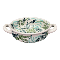 A picture of a Polish Pottery Small Round Casserole (Scattered Ferns) | Z153S-GZ39 as shown at PolishPotteryOutlet.com/products/small-round-casserole-w-handles-scattered-ferns-z153s-gz39