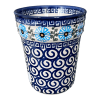 A picture of a Polish Pottery Large Ridged Tumbler (Blue Daisy Spiral) | NDA345-38 as shown at PolishPotteryOutlet.com/products/large-ridged-tumbler-blue-daisy-spiral-nda345-38