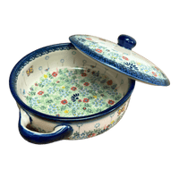 A picture of a Polish Pottery Small Lidded Baker With Handles (Butterfly Spring) | GZ04P-UD1 as shown at PolishPotteryOutlet.com/products/small-lidded-baker-with-handles-butterfly-spring-gz04p-ud1
