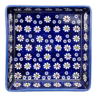 A picture of a Polish Pottery 8" Square Baker (Midnight Daisies) | P151S-S002 as shown at PolishPotteryOutlet.com/products/8-square-baker-midnight-daisies-p151s-s002