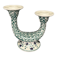 A picture of a Polish Pottery Two-Armed Candle Holder (Woven Pansies) | S134T-RV as shown at PolishPotteryOutlet.com/products/two-armed-candle-holder-woven-pansies-s134t-rv