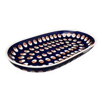 A picture of a Polish Pottery 7"x11" Oval Roaster (Pheasant Feathers) | P099T-52 as shown at PolishPotteryOutlet.com/products/7x11-oval-roaster-pheasant-feathers-p099t-52