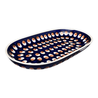 A picture of a Polish Pottery Roaster, Oval, 7"x11" in "Pheasant Feathers" by Manufaktura | P099T-52 as shown at PolishPotteryOutlet.com/products/7x11-oval-roaster-pheasant-feathers-p099t-52