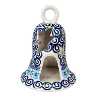A picture of a Polish Pottery Large Bell Luminary (Blue Daisy Spiral) | NDA138-38 as shown at PolishPotteryOutlet.com/products/large-bell-luminary-blue-daisy-spiral-nda138-38