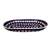 A picture of a Polish Pottery 7"x11" Oval Roaster (Pheasant Feathers) | P099T-52 as shown at PolishPotteryOutlet.com/products/7x11-oval-roaster-pheasant-feathers-p099t-52