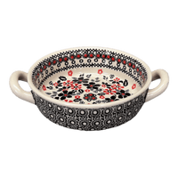 A picture of a Polish Pottery Small Round Casserole (Duet in Black & Red) | Z153S-DPCC as shown at PolishPotteryOutlet.com/products/small-round-casserole-w-handles-duet-in-black-red-z153s-dpcc
