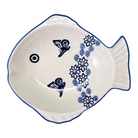 A picture of a Polish Pottery Small Fish Platter (Butterfly Garden) | S014T-MOT1 as shown at PolishPotteryOutlet.com/products/small-fish-platter-butterfly-garden-s014t-mot1