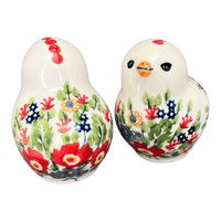 A picture of a Polish Pottery Salt & Pepper Birds (Poppy Persuasion) | S087S-P265 as shown at PolishPotteryOutlet.com/products/salt-pepper-birds-poppy-persuasion-s087s-p265