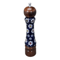 A picture of a Polish Pottery Pepper Mill - Dark Wood (Midnight Daisies) | M182AS-S002 as shown at PolishPotteryOutlet.com/products/salt-pepper-mill-dark-wood-midnight-daisies-m182as-s002