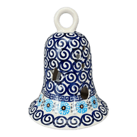 A picture of a Polish Pottery Large Bell Luminary (Blue Daisy Spiral) | NDA138-38 as shown at PolishPotteryOutlet.com/products/large-bell-luminary-blue-daisy-spiral-nda138-38