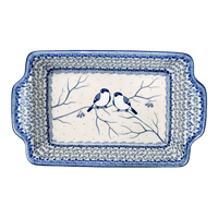 A picture of a Polish Pottery Rectangular Casserole W/Handles (Bullfinch on Blue) | AA59-U4830 as shown at PolishPotteryOutlet.com/products/rectangular-casserole-w-handles-bullfinch-on-blue-aa59-u4830