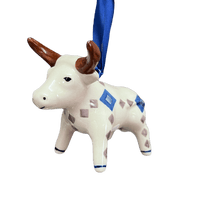 A picture of a Polish Pottery Bull Ornament (Diamond Quilt) | K167U-AS67 as shown at PolishPotteryOutlet.com/products/bull-ornament-diamond-quilt-k167u-as67