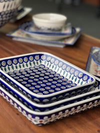 A picture of a Polish Pottery 9"x11" Rectangular Baker (Hello Dotty) | P104T-9 as shown at PolishPotteryOutlet.com/products/9x11-rectangular-baker-hello-dotty-p104t-9