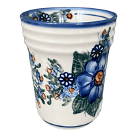 A picture of a Polish Pottery Large Ridged Tumbler (Blue Bouquet) | NDA345-7 as shown at PolishPotteryOutlet.com/products/large-ridged-tumbler-blue-bouquet-nda345-7