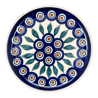 A picture of a Polish Pottery Tiny Round Tray (Peacock) | T114T-54 as shown at PolishPotteryOutlet.com/products/tiny-round-tray-peacock-t114t-54
