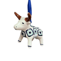 A picture of a Polish Pottery Bull Ornament (Green Retro) | K167U-604A as shown at PolishPotteryOutlet.com/products/bull-ornament-green-retro-k167u-604a