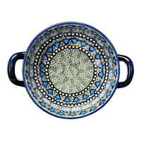 A picture of a Polish Pottery Small Round Casserole (Blue Bells) | Z153S-KLDN as shown at PolishPotteryOutlet.com/products/small-round-casserole-w-handles-blue-bells-z153s-kldn