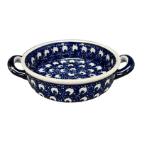 A picture of a Polish Pottery Small Round Casserole (Night Eyes) | Z153T-57 as shown at PolishPotteryOutlet.com/products/small-round-casserole-w-handles-night-eyes-z153t-57