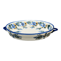 A picture of a Polish Pottery 11" Round Casserole Dish With Handles (Flowers & Tassels) | WR52C-WR5 as shown at PolishPotteryOutlet.com/products/11-round-casserole-dish-with-handles-flowers-tassels-wr52c-wr5