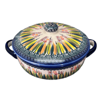 A picture of a Polish Pottery Small Lidded Baker With Handles (Morning Meadow) | GZ04P-ULA as shown at PolishPotteryOutlet.com/products/small-lidded-baker-with-handles-ula-gz04p-ula