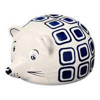 A picture of a Polish Pottery Hedgehog Bank (Navy Retro) | S005U-601A as shown at PolishPotteryOutlet.com/products/hedgehog-bank-navy-retro-s005u-601a