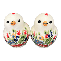 A picture of a Polish Pottery Salt & Pepper Birds (Poppy Persuasion) | S087S-P265 as shown at PolishPotteryOutlet.com/products/salt-pepper-birds-poppy-persuasion-s087s-p265
